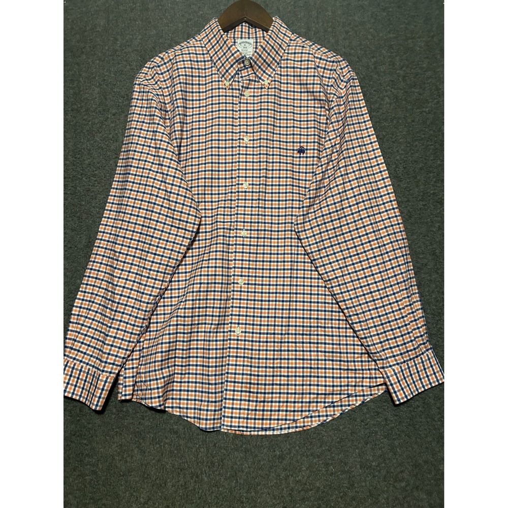 Brook brothers OCBD button shirt regent mens XL long sleeve check orange blue - Picture 2 of 7